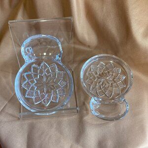 2 Vintage Fostoria Glass Coasters Starburst Pattern w/Attached Side Holder